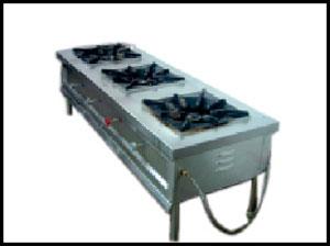 Three Burner Cooking Range - 16 Gauge Stainless Steel, 5'6"x2'x34" Dimensions, High Pressure Gas Burners with Adjustable Legs