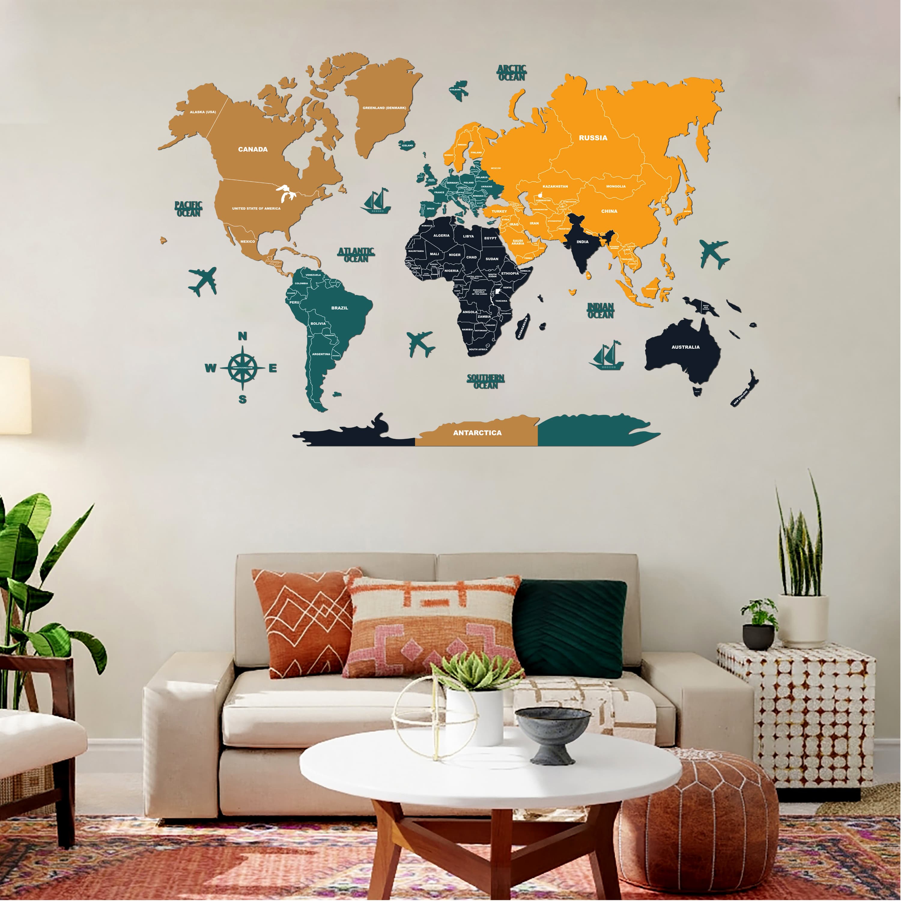 Sepia and Amber Wooden World Map Board for Wall Decoration