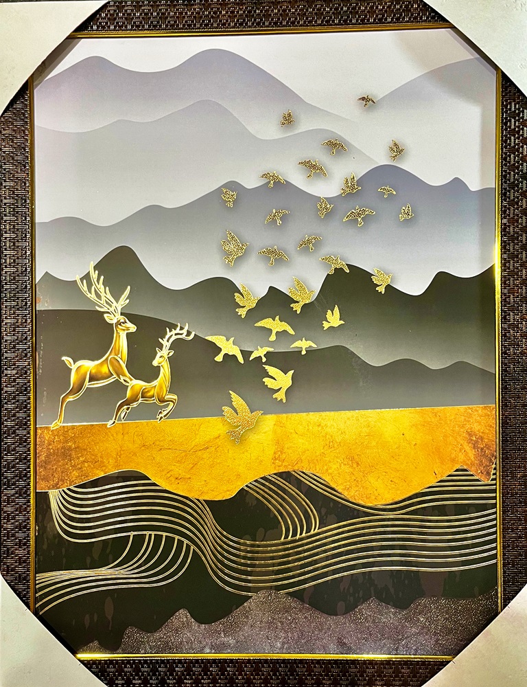 3D Golden Foil Modern Art Painting - Printed Acrylic, Customized Size, Black Frame | Classical Animal Design, Durable Fine Finished Wood Support