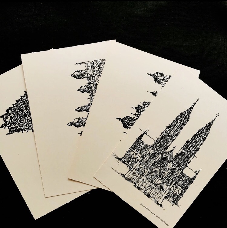 Set of postcards of Mysore city historical places sketches. (4 postcards)