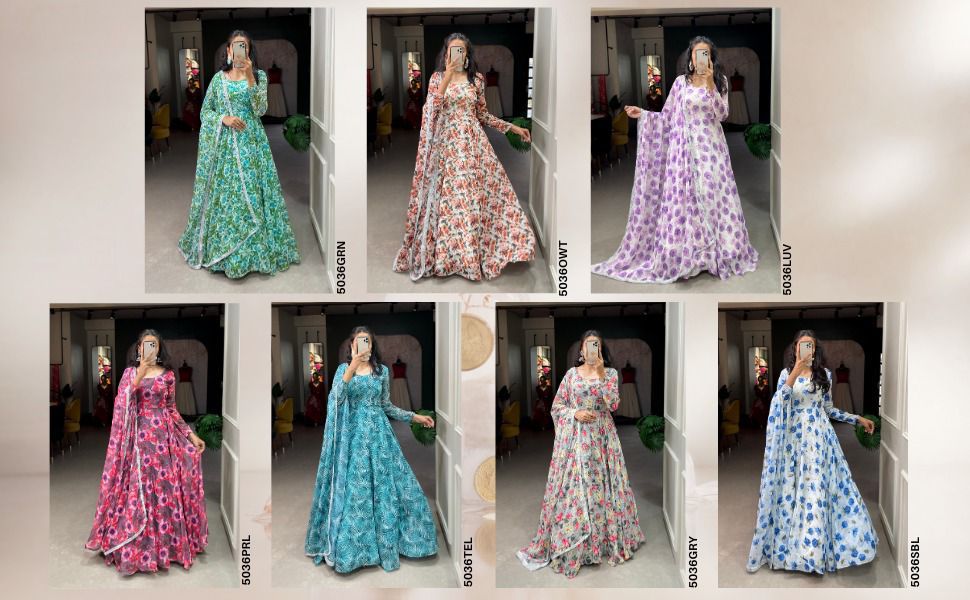 Fancy Designer Multi-Color Floral Print Chiffon Gown