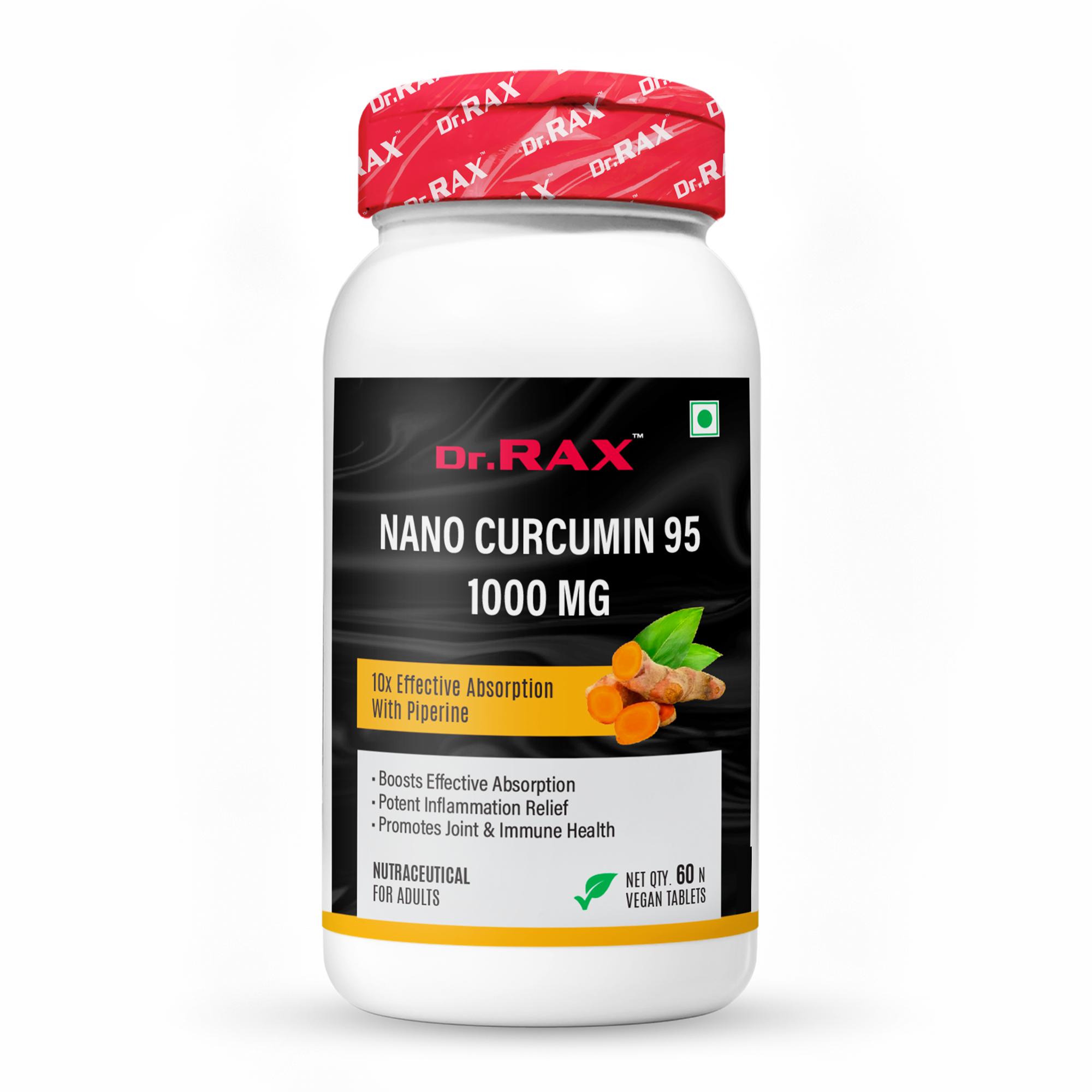 Dr. RAX Nano Curcumin 95, 1000 mg, 10X Effective Absorption with Piperine, 60N Vegan Tablets