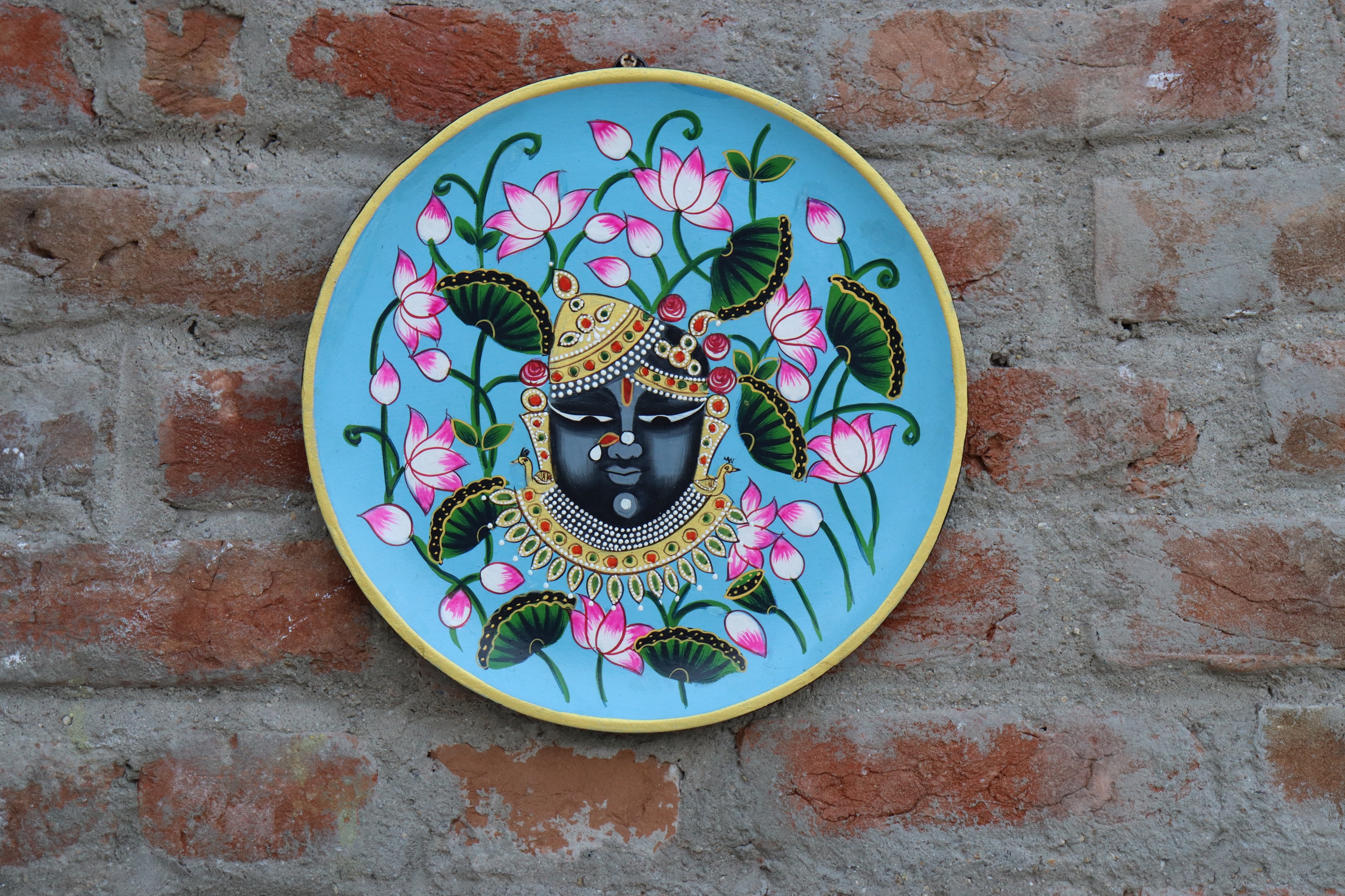 Wooden Handpainted Shrinath Ji Pichwai Wall Plates - Wood, Blue, Round | Durable, Wall Mounted Home Decor