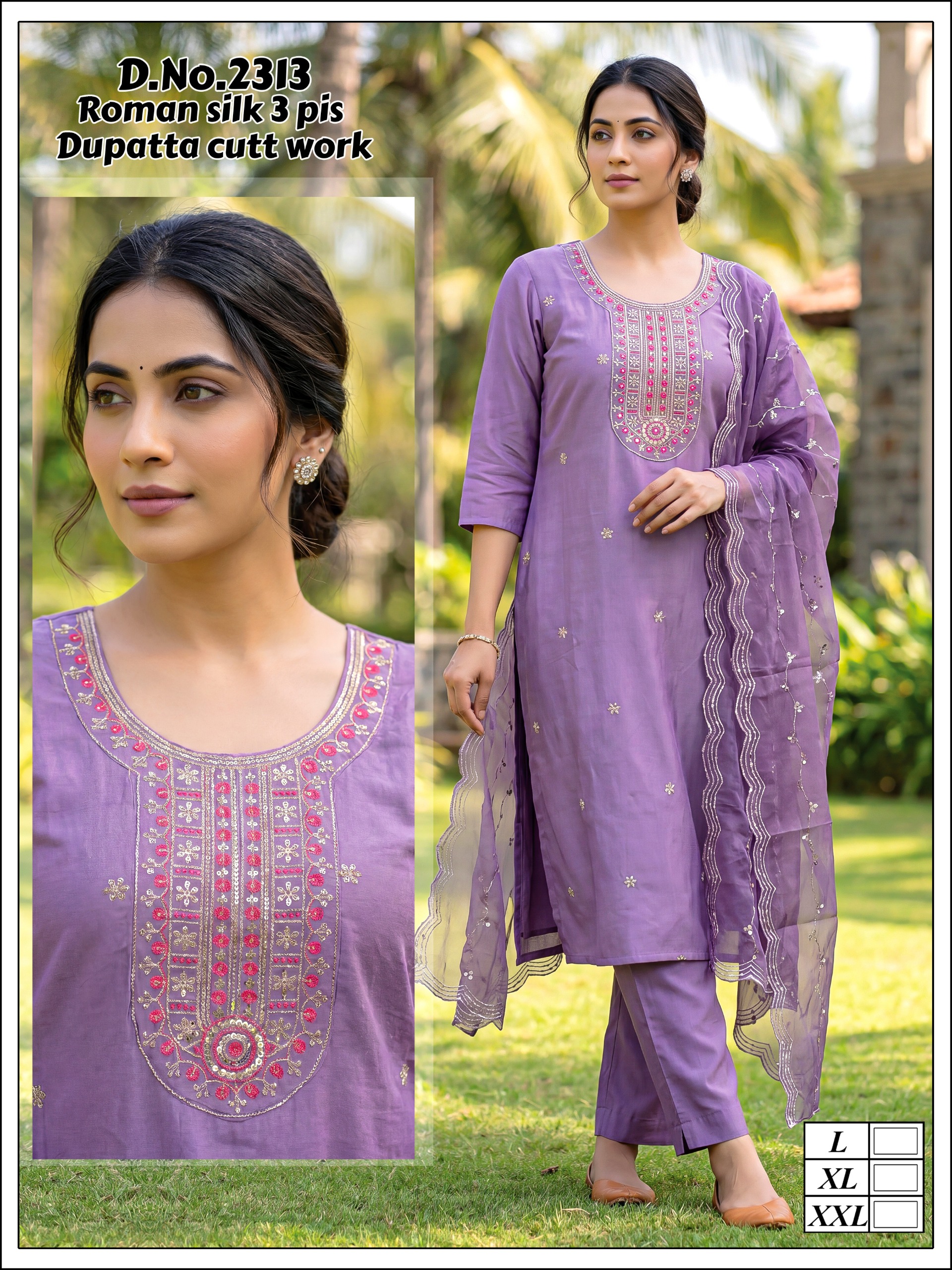 Roman Silk 3Pc With Organza Cuttwork Dupatta - Ethnic Region: Indian
