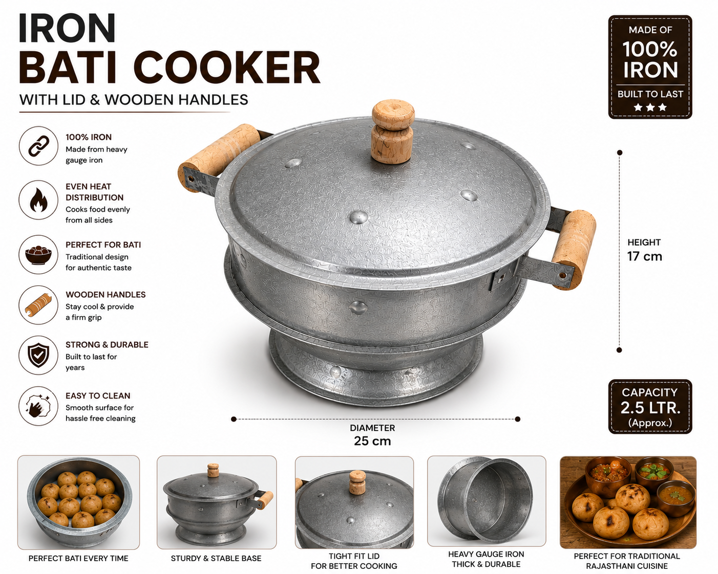 Iron Bati Cooker With Lid And Wooden Handles
