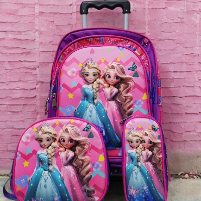 Premium 3-Piece Kids School Trolley Bag Set - 16-Inch Pink Cartoon Print Wheeled Backpack with Matching Lunch Box & Pencil Case