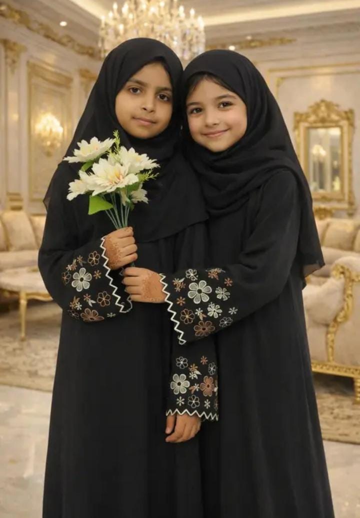 Elegant Black Embroidered Abaya with Hijab for Girls