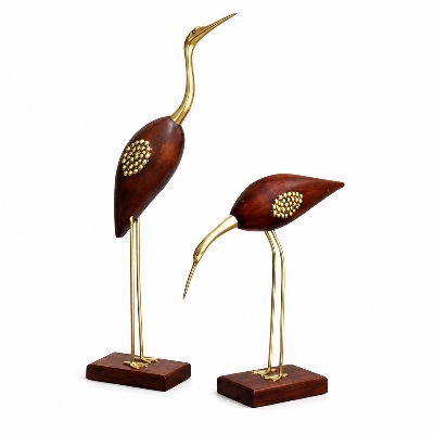 Wooden And Brass Saras Crane Love Bird Showpiece