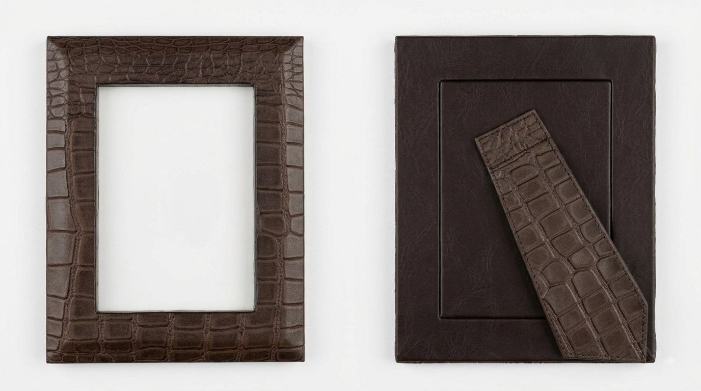 Crocodile-Embossed Real Leather Picture Frame-Rich Walnut Brown