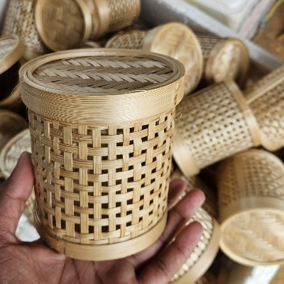 Cylindrical Woven Bamboo Basket With A Matching Lid