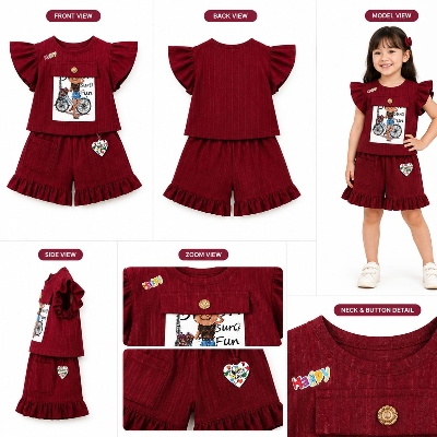 Baby Girls Co-Ord Set Maroon Top And Shorts Surf Fun Printed 0 To 1 Years