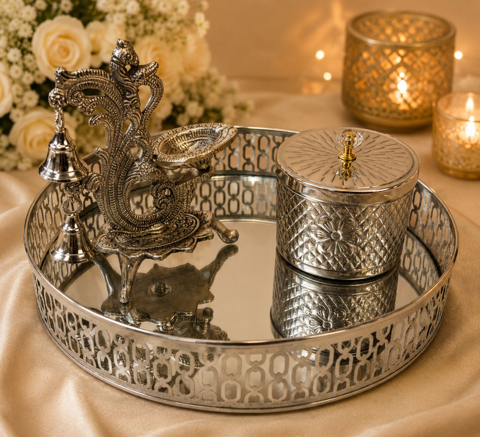 German Silver Pooja Thali Set with Mirror Tray and Peacock Diya with Prasad Box - Wedding Return Gift - 3 Pcs Set