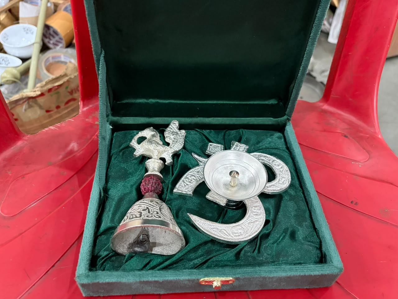 German Silver Om Diya with Nandi Bell Gift Set with Velvet Box