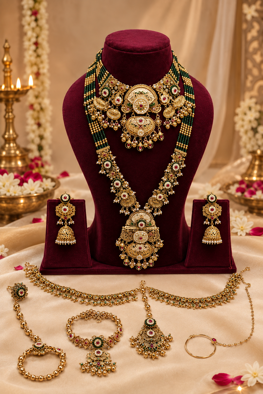 Designer Emerald Bridal Necklace Set | Green Stone Jewellery Set | Indian Bridal Jewellery