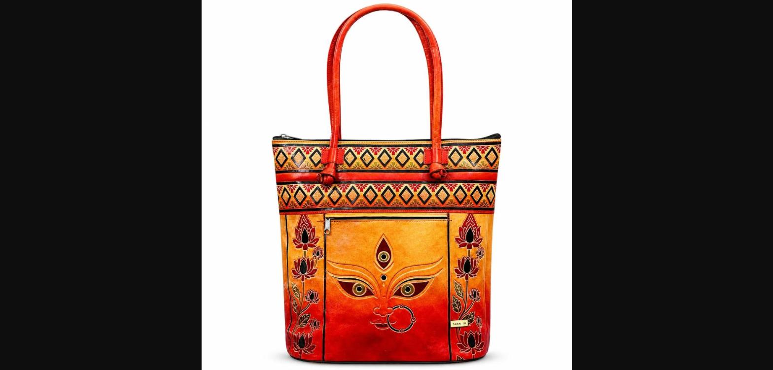 Genuine Leather Tote Bag for Women - Durga Motif Handcrafted Shoulder Bag