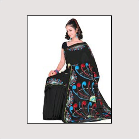 Winter Hand Embroidered Black Color Saree