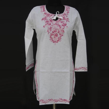 White-Pink Full Sleeve Embroidered Cotton Kurtis