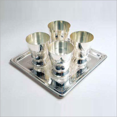 Brass Silver Plated Four Glass Set With Tray