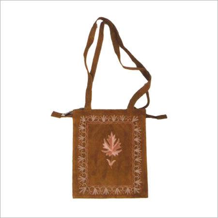 Brown Suede Embroidered Shoulder File Bag