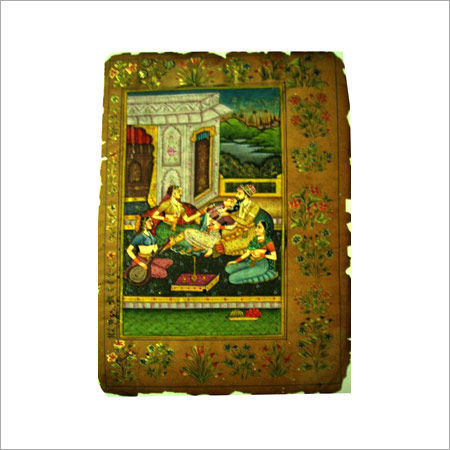 Mughal Painting - Genuine Old Parchment, 9 x 13.5 Inches , Framed Artwork of Royal Maharajahs