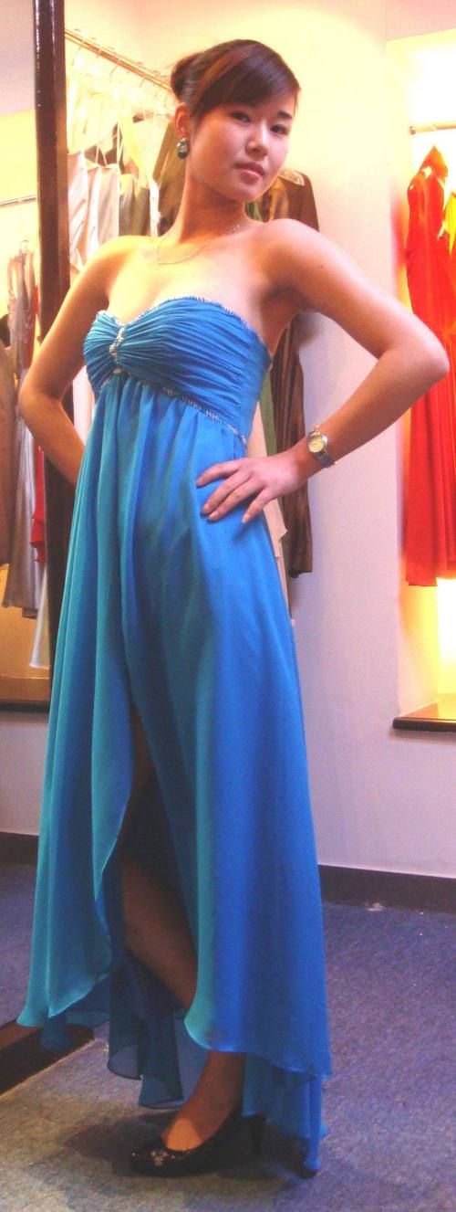 Blue Satin Strappy Evening Dress