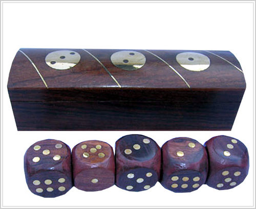 Wooden Dice Box - Sheesham Wood, Traditional Brass Engraving , Exquisite Design with Five High-Quality Dice