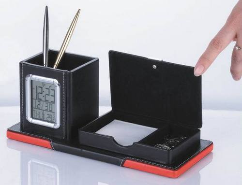 Digital Pu Lcd Calendar Clock With Pen Holder