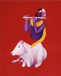 Indian Lord Krishna With Cow Painting