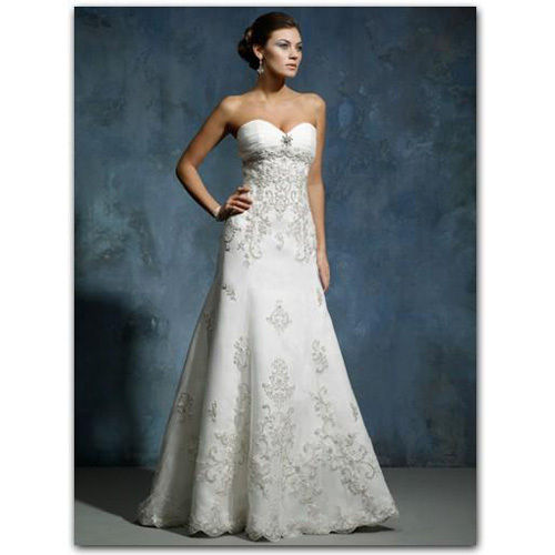 A-Line Strapless Sleeveless Chapel Train Satin Lace Wedding Dress