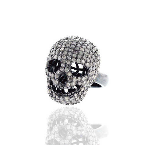 Pave Diamond Skull Sterling Silver Ring