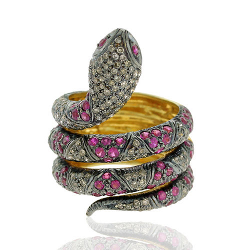 Pave Diamond Snake 14k Gold Designer Gemstone Ring