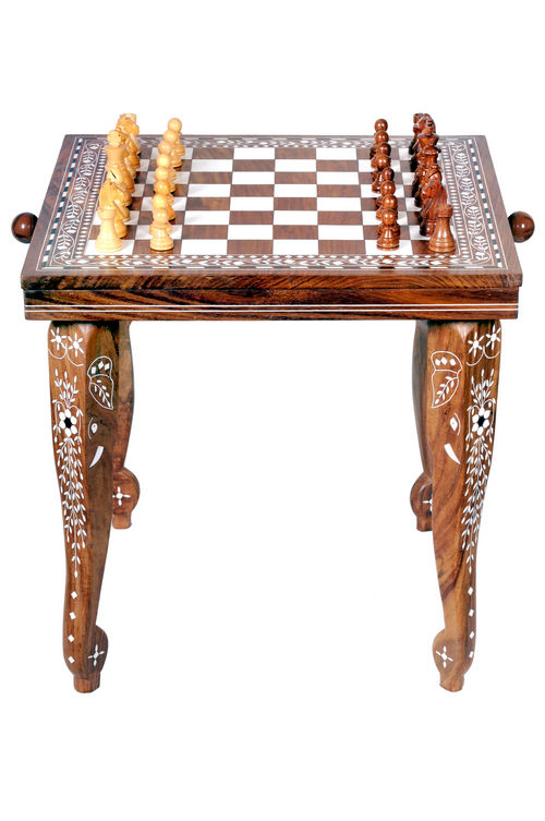 Wooden Inlaid Square Chess Table With Two Drawer