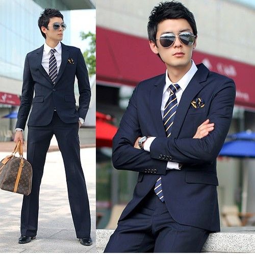 Navy Blue Slim Style Men'S Suits