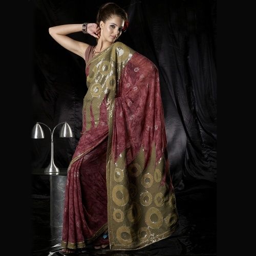 Pretty Onion Red Embroidered Saree With Mehandi Green Pallu