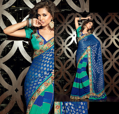 मनमोहक सियान ब्लू और नेवी ब्लू एम्ब्रॉयडरी वाली साड़ी