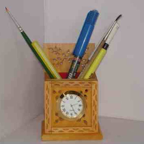 Wooden Pen Stand With Watch