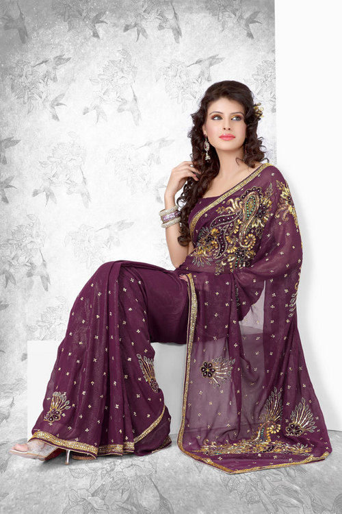 Saree - Burgundy with Matching Blouse | Embroidered Buttis