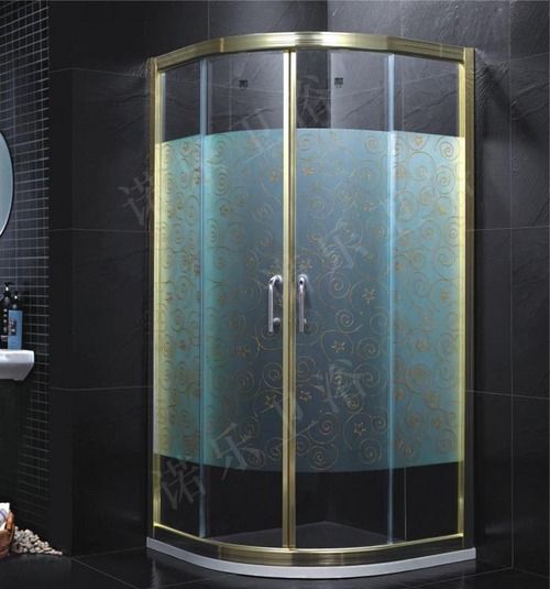 Carved Glass Gold Frame Fan Shape Double Sliding Door Shower Enclosure (R-054)