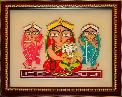 Parvati And Ganesha With Lakshmi And Swaraswati Glass Painting