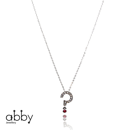 The Question Necklace (A00005) - Silver, 18 Inch Chain, Red Gemstone | Stylish, Elegant, Unique Question Mark Pendant
