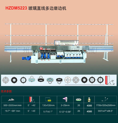 HZDM5223 Glass Straight Multi-Sides Edge Grinder - 3-25mm Thickness, 3000x3000mm Max Size | 12 Motors, Adjustable Speed, High Efficiency