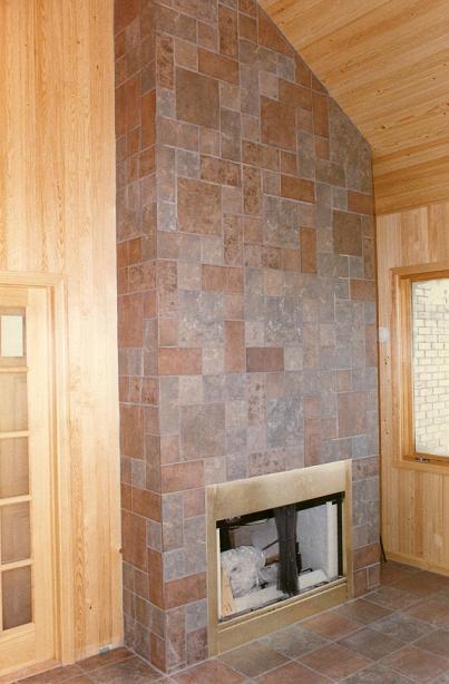 Pinwheel Pattern Tiles on Wall and Fireplace