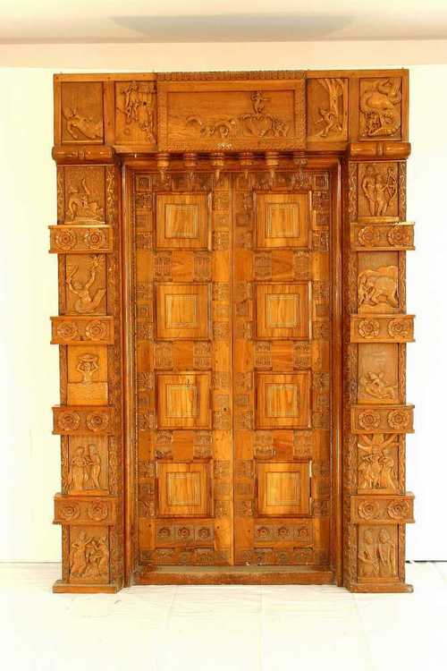 Antique Wooden Door - Handcrafted, Engraved with Krishna Katha Episodes , Captivating Biographical Artwork