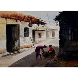 Village Painting - Water Colour on Paper, 30x22 Inch Artwork by Md. Jakir Hossen