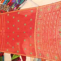 Bandhani Saree In Tomato Red Banarasi Silk Gharchola