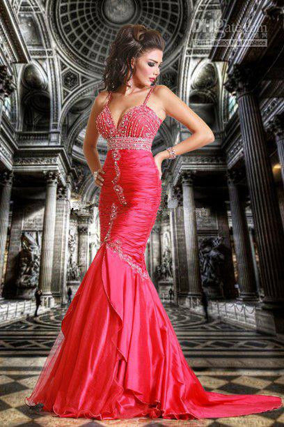 Spaghetti Straps Beaded Crystals Red Mermaid Evening Dresses