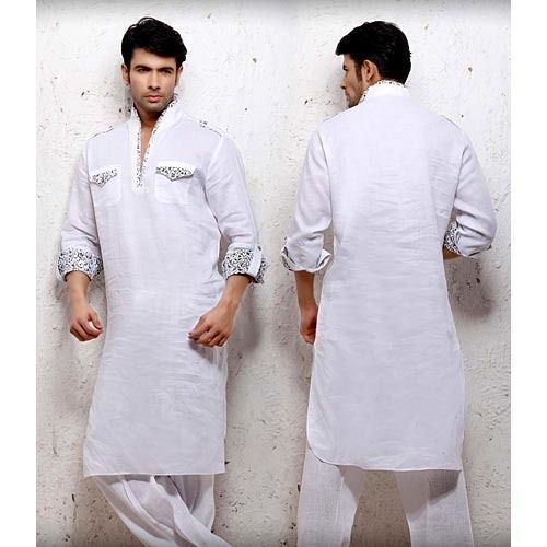 Blue White Linen Pathani Suit Set Designer Couture 187MW03