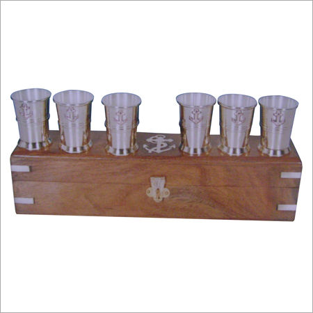 Brass Shot Glasses In Wooden Box