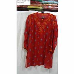 Ladies Kurti - Superior Quality Silk Threads, Vibrant Red Color , Long-lasting Interlocking Design