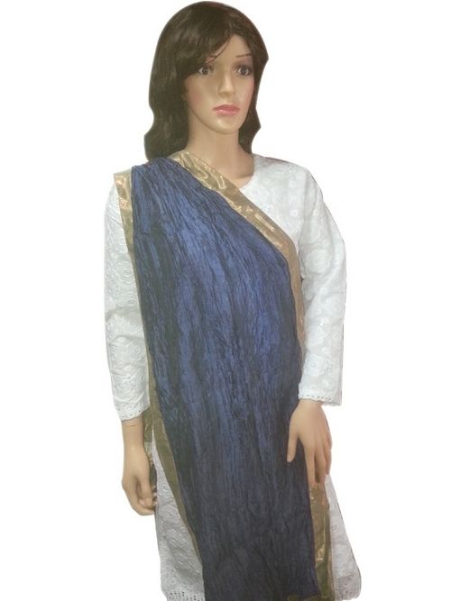 Navy Blue Poly Silk Dupatta With Golden Border